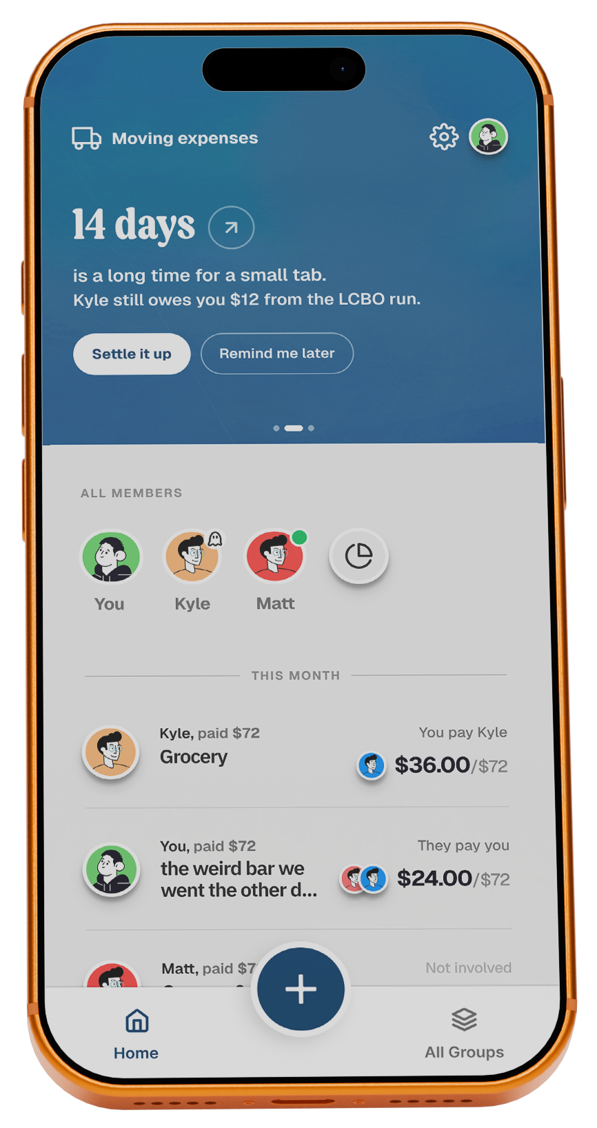 Bountt app showing a shared expense feed with group costs