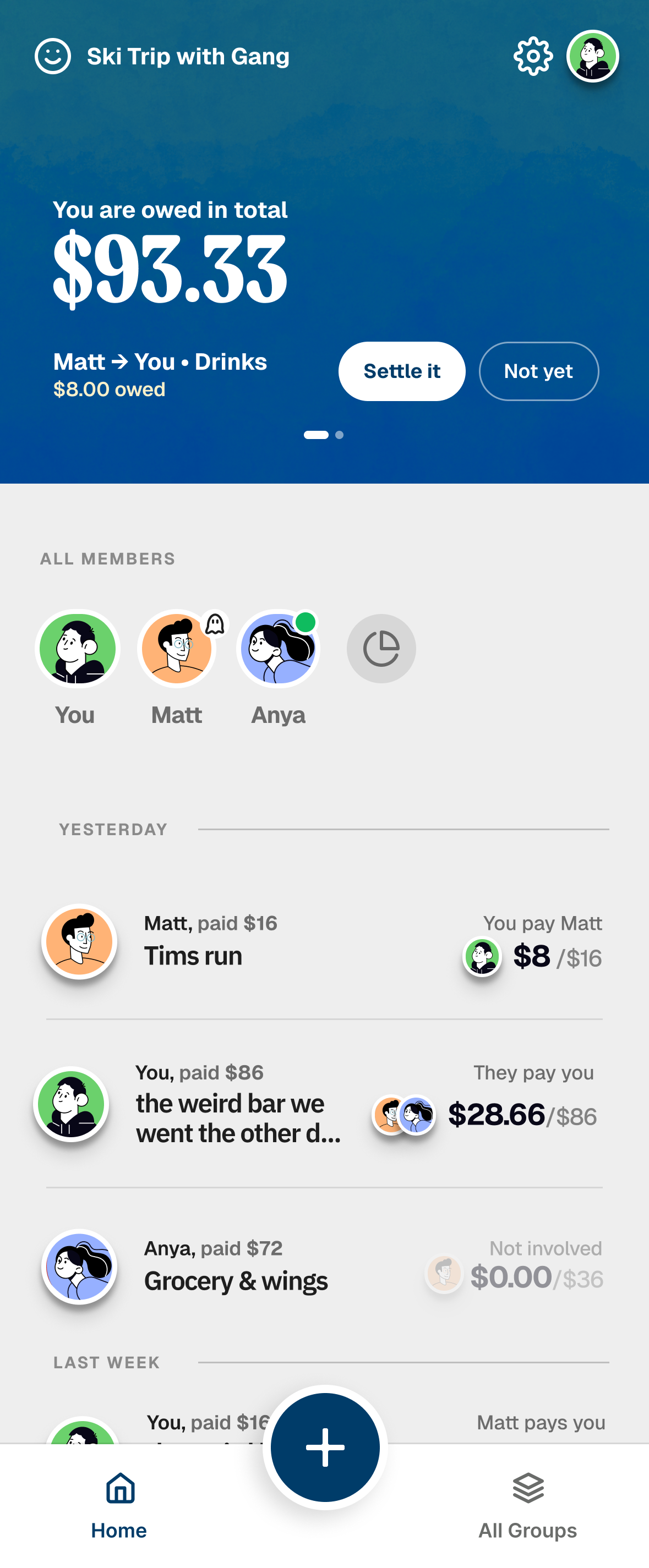 Bountt shared expense feed showing group balance and recent costs