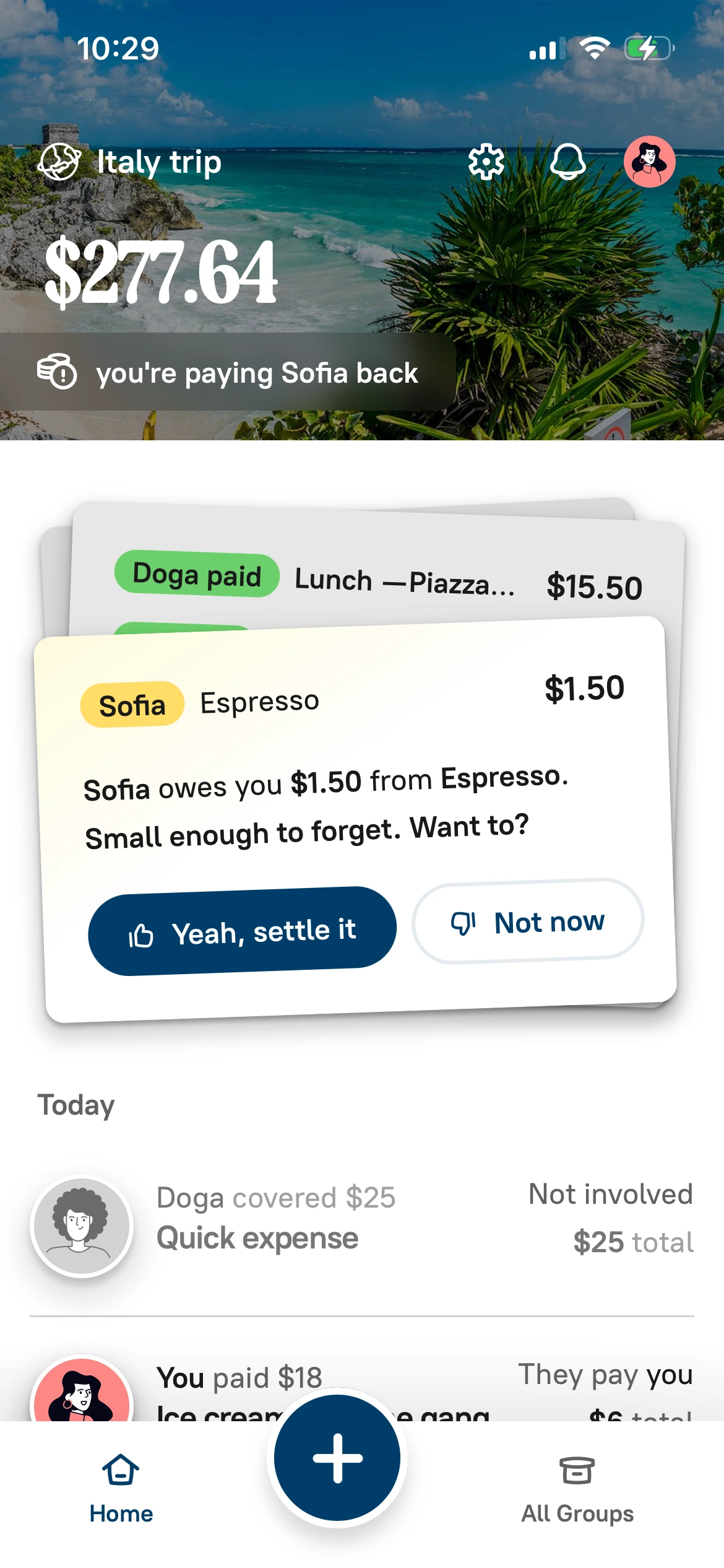 Bountt shared expense feed showing group balance and recent costs