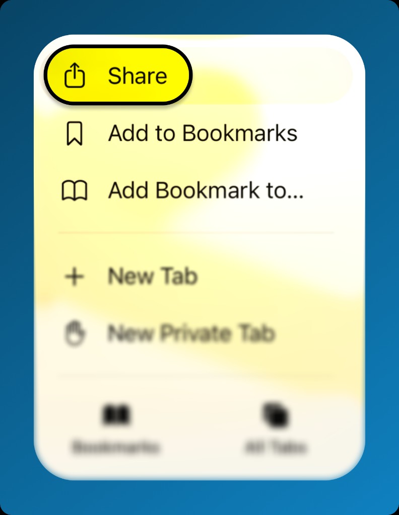 Safari menu with Share highlighted at the top.
