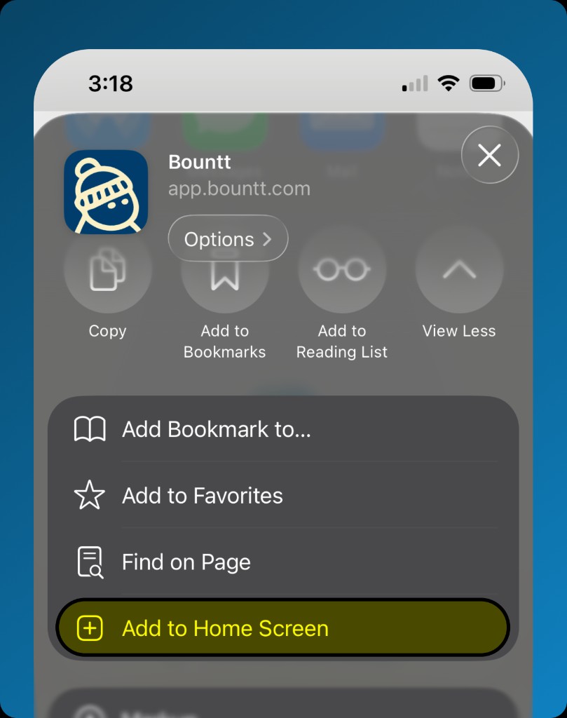 Share sheet with Add to Home Screen highlighted.